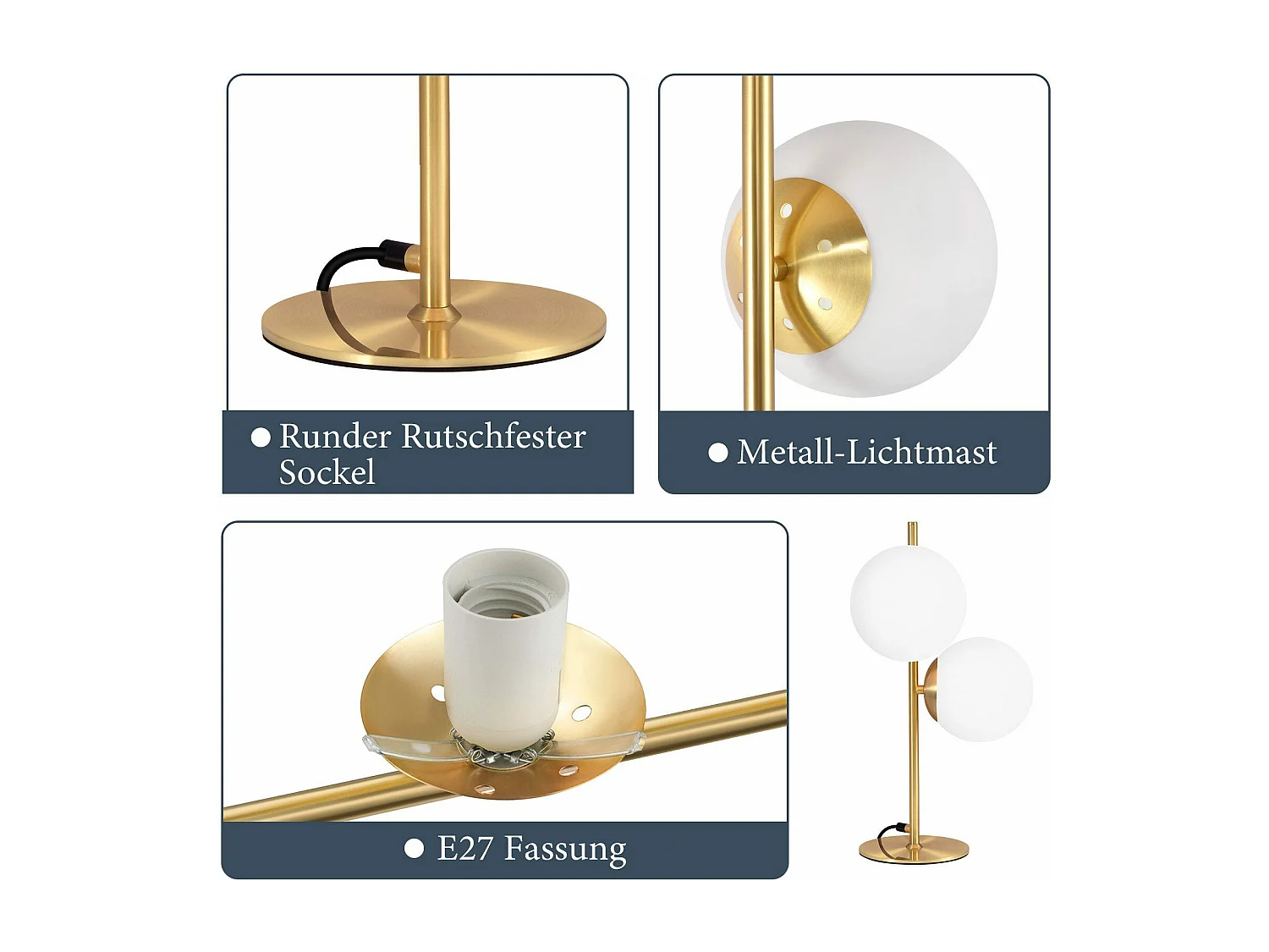 NETTLIFE lampe de table lampe de chevet moderne industrielle dorée 2 ampoules avec interrupteur design métal en verre blanc E27