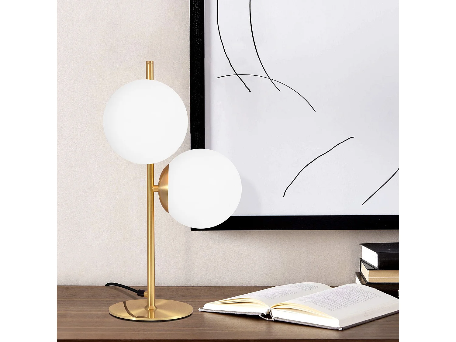 NETTLIFE lámpara de mesa / lámpara de cabecera moderna y industrial dorada, 2 bombillas con interruptor, diseño de metal y vidrio blanco, E27.