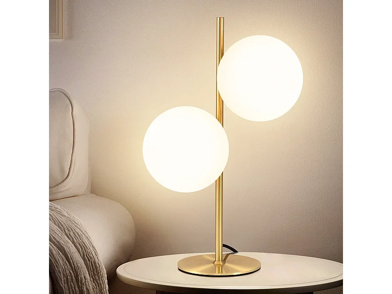 NETTLIFE lámpara de mesa / lámpara de cabecera moderna y industrial dorada, 2 bombillas con interruptor, diseño de metal y vidrio blanco, E27.