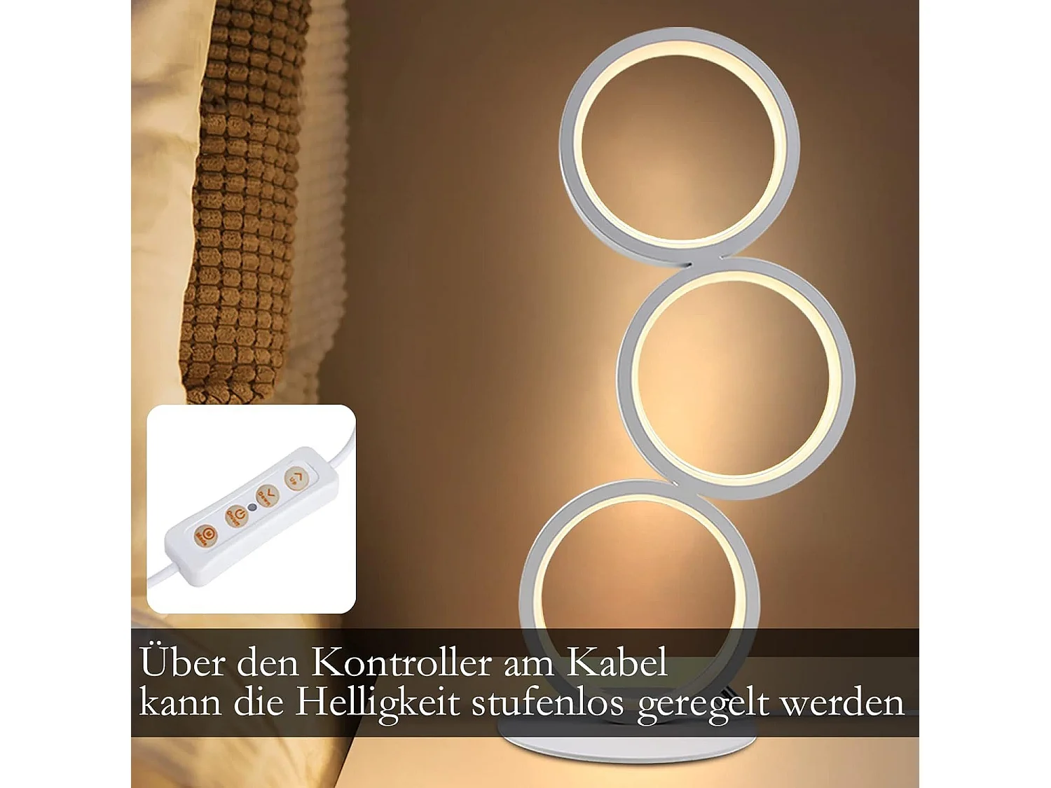 NETTLIFE Verstelbare tafellamp, aanraakbediende nachtlamp, moderne ontwerp, witte aluminiumen metalen ring, studeerkamer.