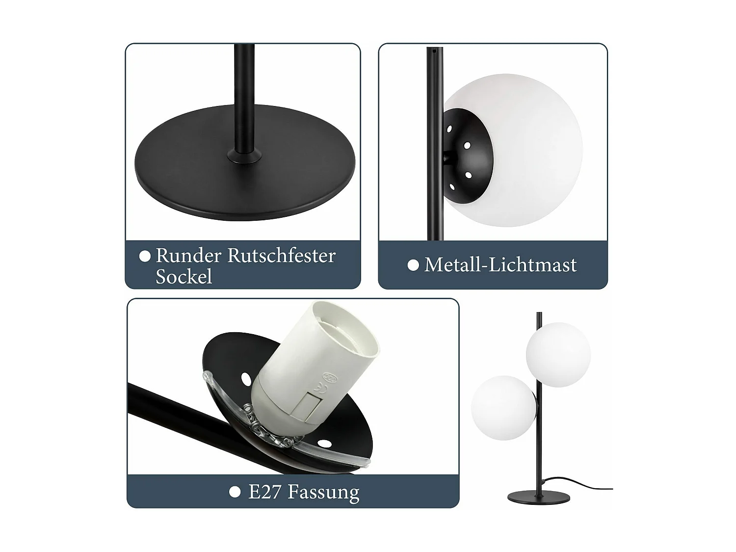 NETTLIFE Lampa Stołowa Czarna Lampka Nocna Salon E27 Nowoczesny Design Szkło Przemysłowe Vintage Metal 2 Żarówki