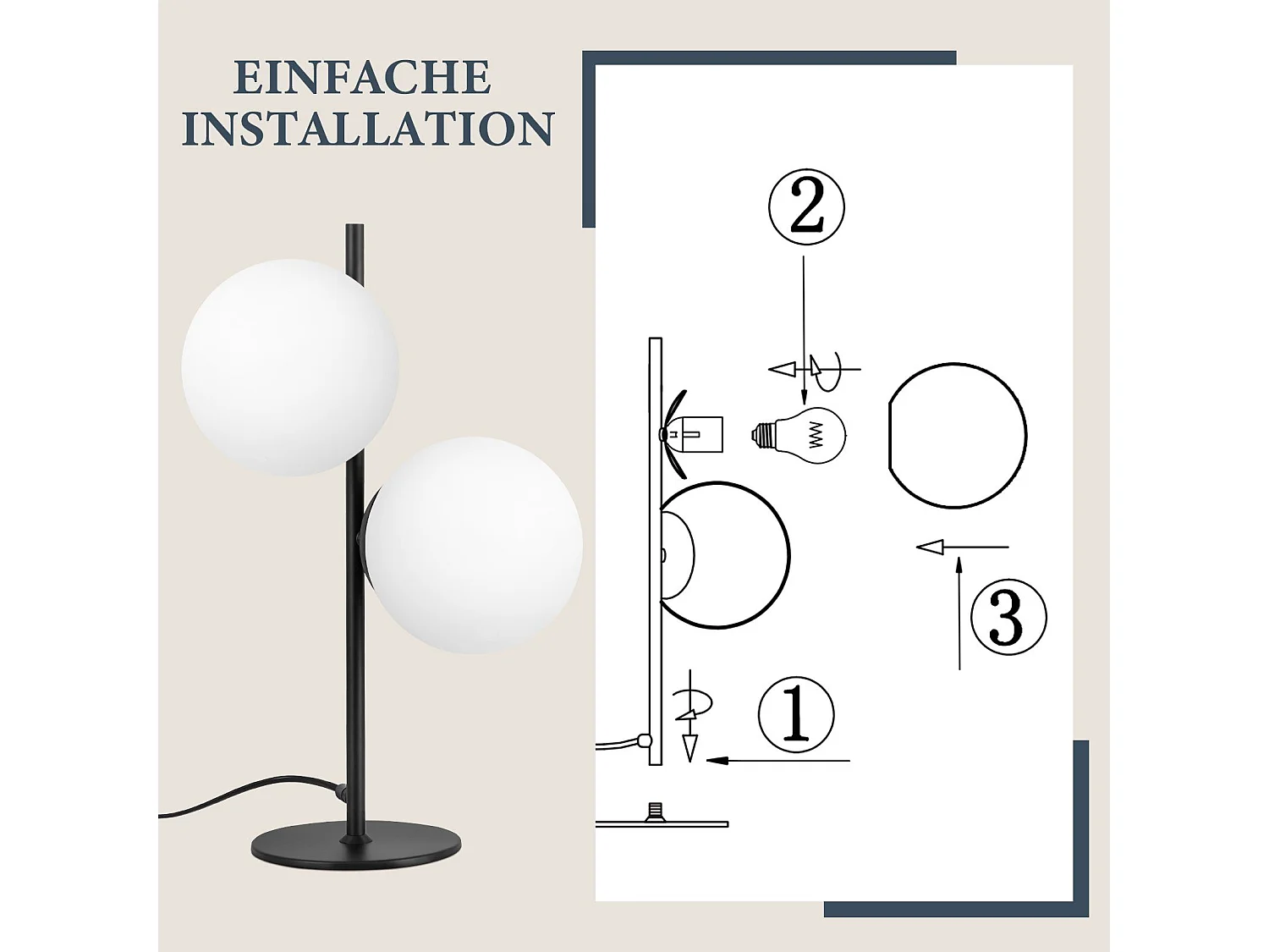 NETTLIFE Lampa Stołowa Czarna Lampka Nocna Salon E27 Nowoczesny Design Szkło Przemysłowe Vintage Metal 2 Żarówki