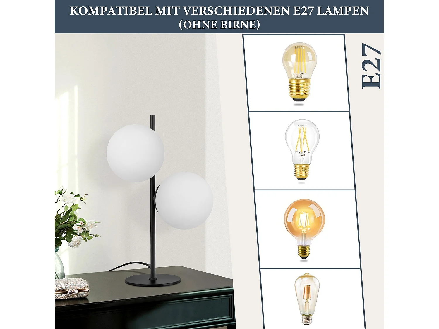 NETTLIFE Tischlampe Nachttischlampe Schwarz Wohnzimmer E27 Modernes Design Glas Industrial Vintage Metall 2-flammig
