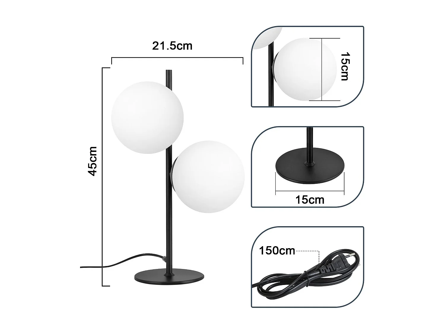 NETTLIFE Tischlampe Nachttischlampe Schwarz Wohnzimmer E27 Modernes Design Glas Industrial Vintage Metall 2-flammig