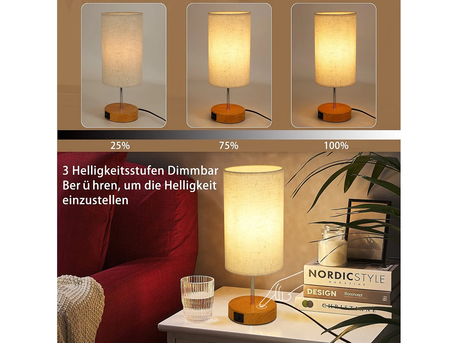 NETTLIFE 2 x Lampe de table tactile dimmable E27 lampe de chevet salon abat-jour en tissu moderne