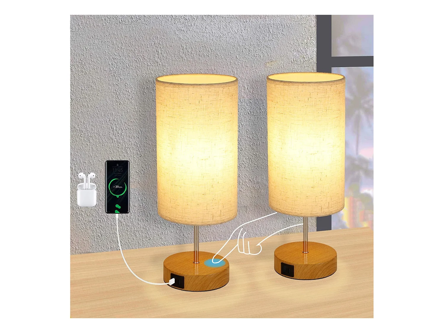 NETTLIFE 2 x Lampe de table tactile dimmable E27 lampe de chevet salon abat-jour en tissu moderne