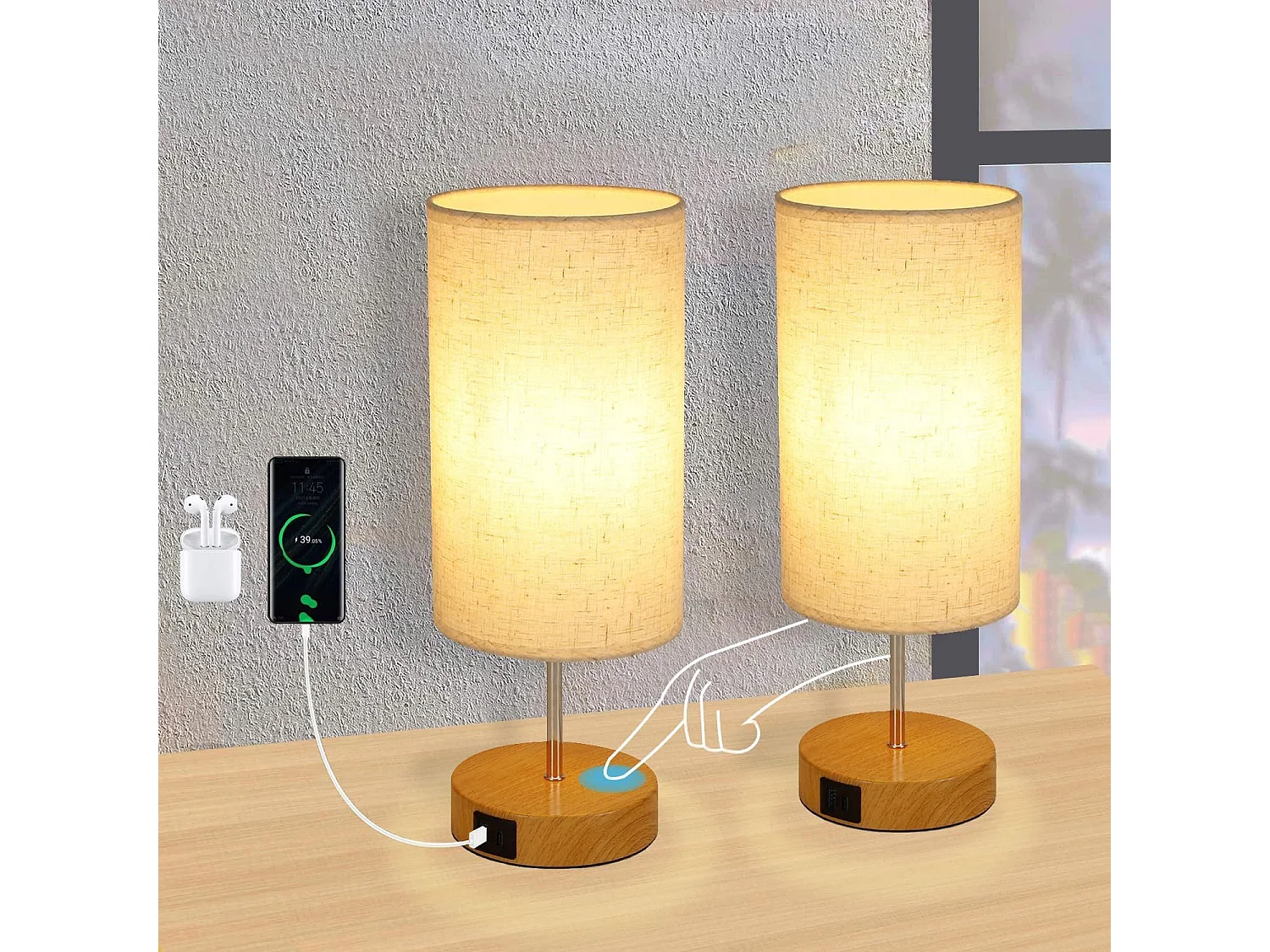 NETTLIFE 2 x Lampe de table tactile dimmable E27 lampe de chevet salon abat-jour en tissu moderne