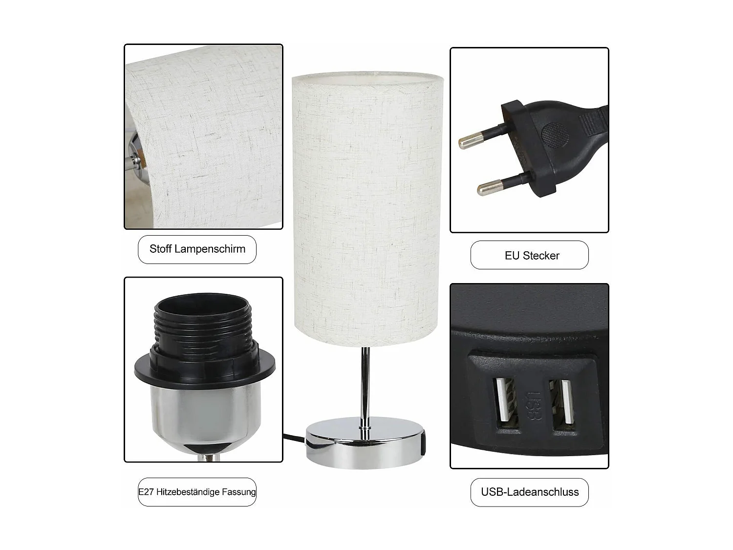 NETTLIFE Nachtkastlamp, aanraakbaar, verduisterbaar, met oplaadfunctie, moderne tafellamp met USB, E27.