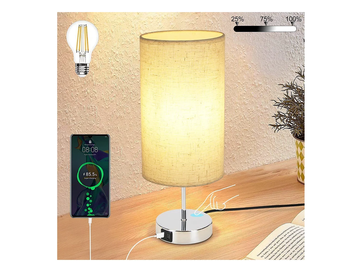 NETTLIFE lampe de chevet tactile dimmable avec fonction de charge lampe de table moderne avec USB E27