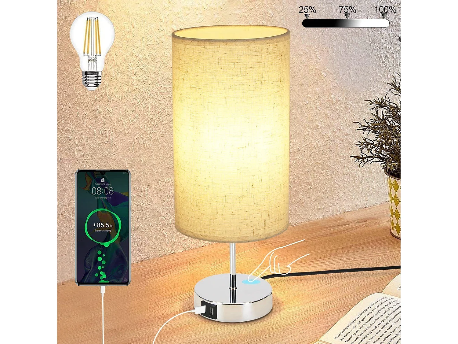 NETTLIFE lámpara de mesilla táctil regulable y con función de carga, lámpara de mesa moderna con USB E27.