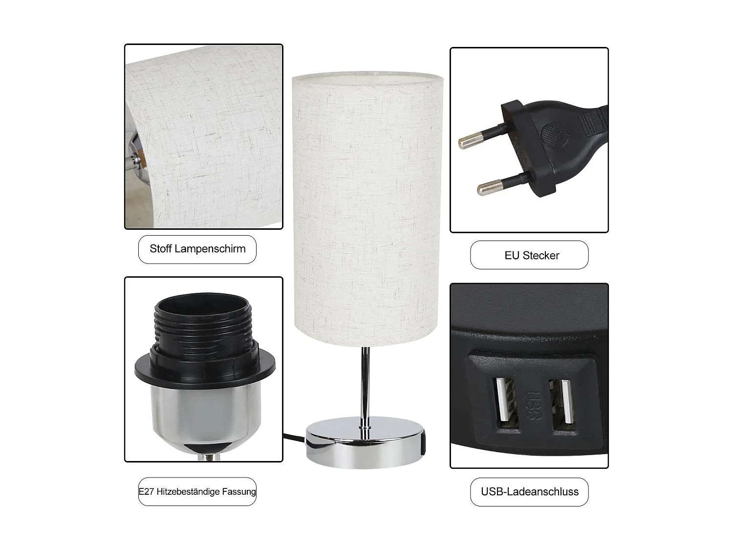 NETTLIFE Nachtkastlamp, aanraakbaar, verduisterbaar, met oplaadfunctie, moderne tafellamp met USB, E27.