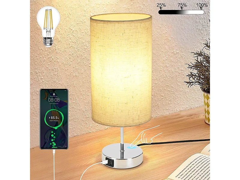 NETTLIFE Dimmbare Touch-Nachttischlampe mit Ladefunktion, moderne Tischlampe mit USB E27