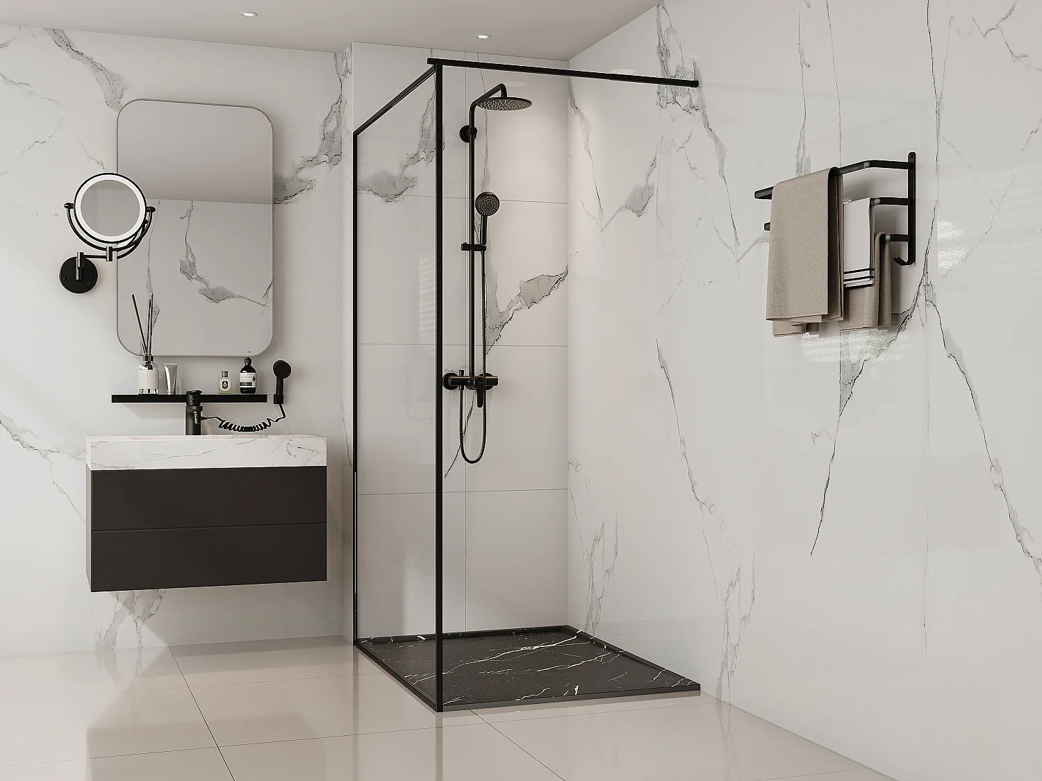 Receveur de douche extra plat à poser ou à encastrer recoupable en résine SMC - Noir marbré - 120 x 90 cm - LYROSA