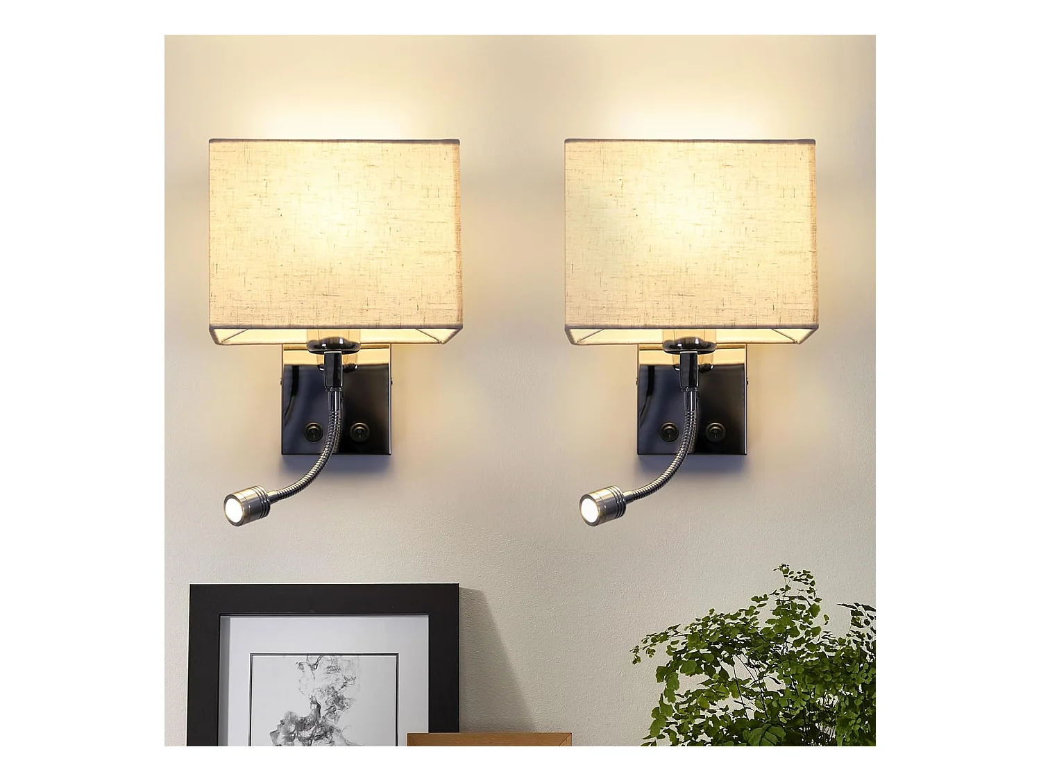 NETTLIFE lot de 2 lampes murales LED intérieur chambre applique salon lampe de lit lit tissu avec bras de lecture flexible E27