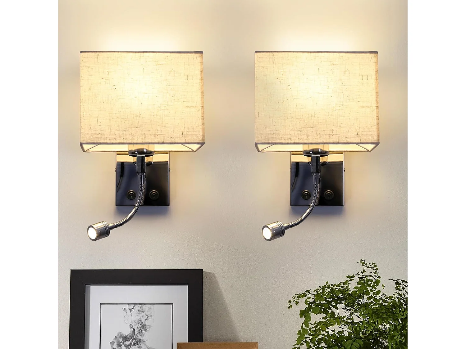 NETTLIFE lote de 2 lámparas murales LED para interiores, para habitación, aplique para salón, lámpara de cabecera, cama de tela con brazo de lectura flexible E27.