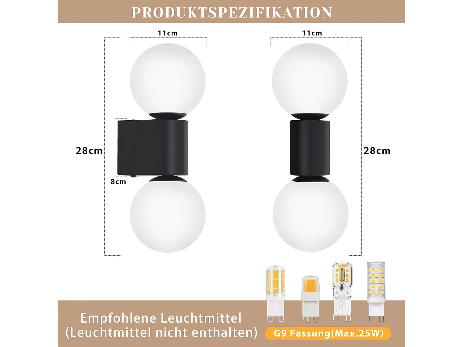 NETTLIFE Applique murale d'intérieur moderne en verre blanc noir 2 ampoules max 25W G9 (sans ampoule)