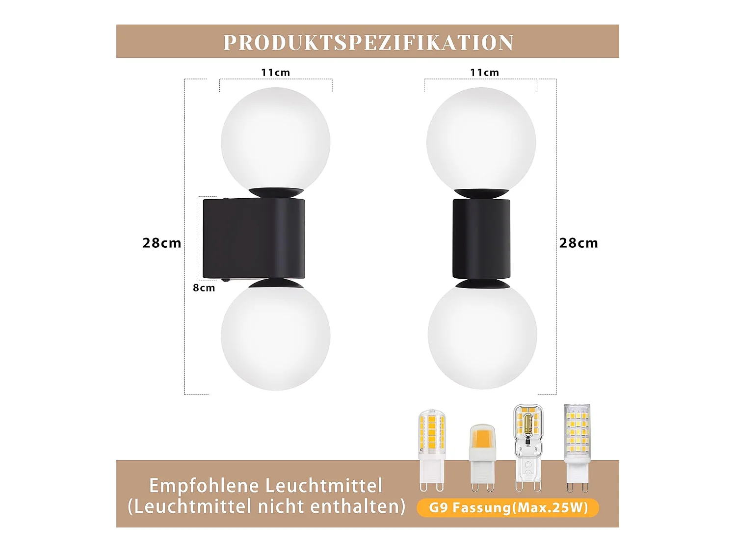 NETTLIFE Applique murale d'intérieur moderne en verre blanc noir 2 ampoules max 25W G9 (sans ampoule)