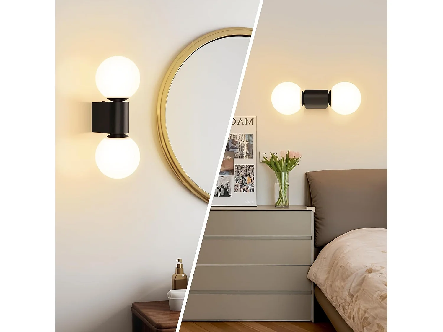 NETTLIFE Applique murale d'intérieur moderne en verre blanc noir 2 ampoules max 25W G9 (sans ampoule)