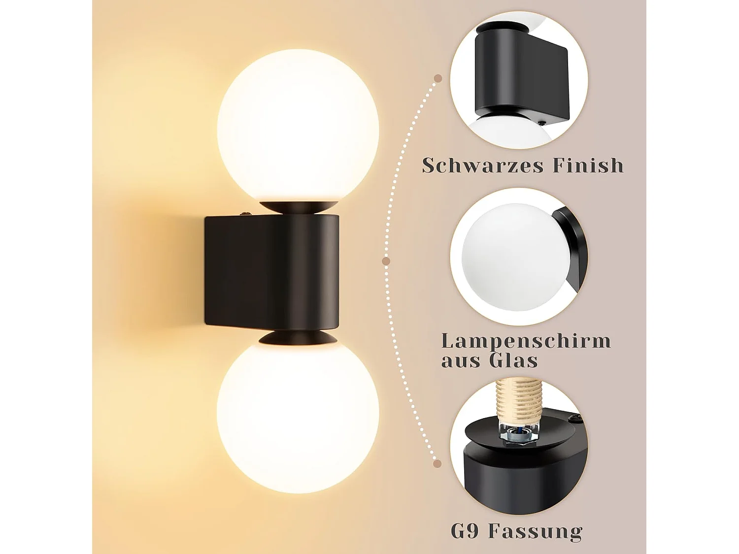 NETTLIFE Moderne binnenwandapparatuur van glas in zwart - wit, maximaal 2 gloeilampen van 25W G9 (zonder gloeilamp)