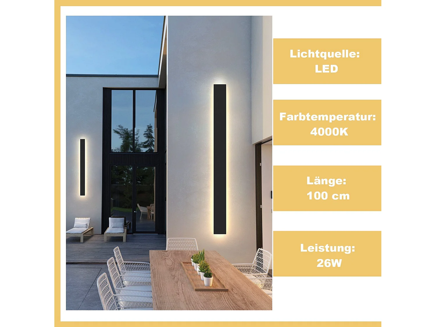 NETTLIFE applique murale extérieure LED : 100CM lampe d'extérieur 26W 4000K applique murale moderne noire IP65