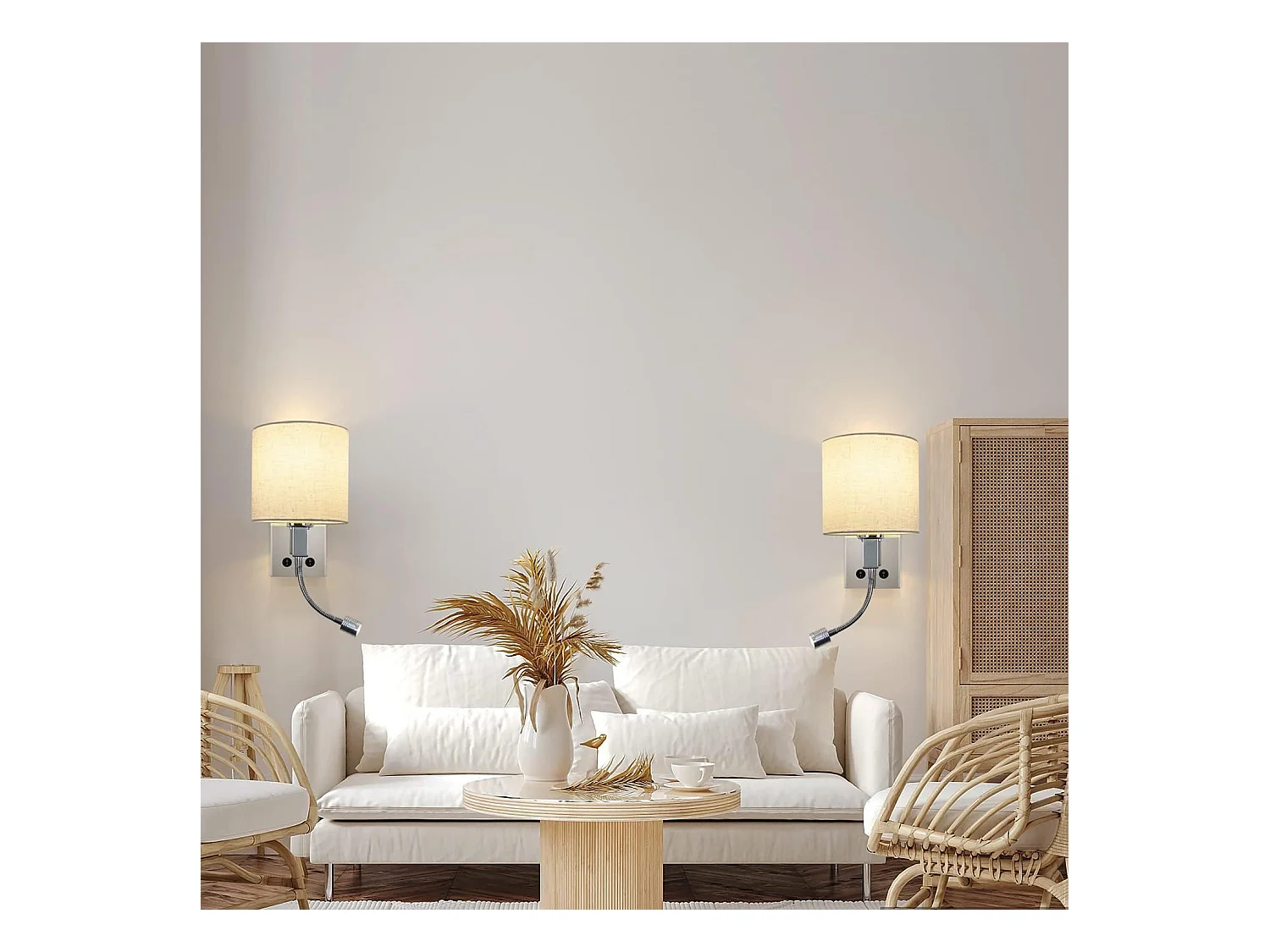 NETTLIFE LED-Wandleuchte mit Schalter, Innnenraum-Wandlampe, Leselampe, Stoffschirm, verstellbare Bettlampe