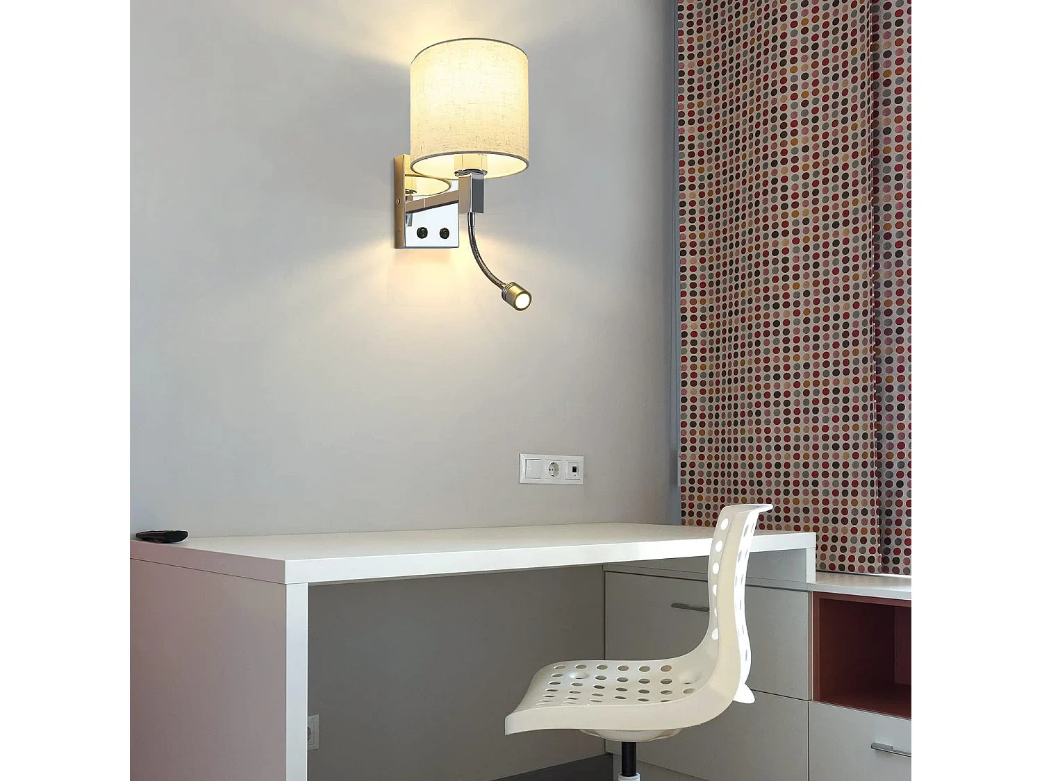 NETTLIFE LED-Wandleuchte mit Schalter, Innnenraum-Wandlampe, Leselampe, Stoffschirm, verstellbare Bettlampe