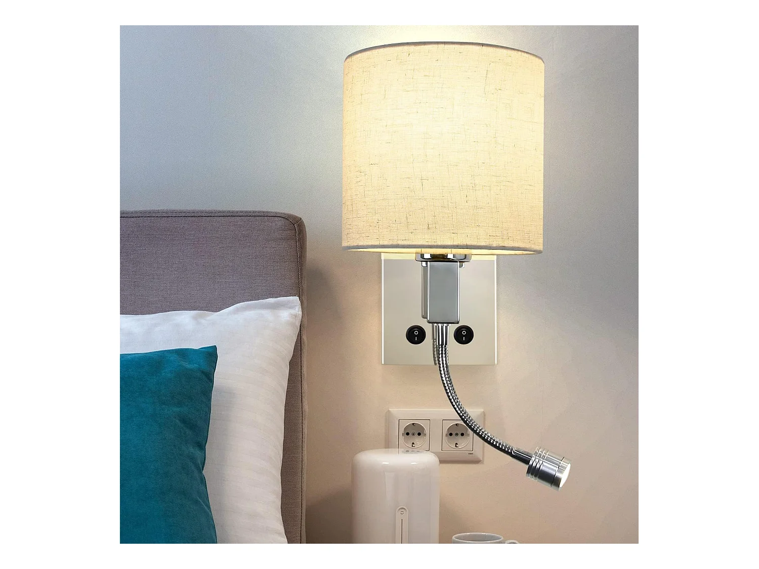 NETTLIFE Applique LED avec interrupteur, applique murale d'intérieur, lampe de lecture, abat-jour en tissu, lampe de lit orientable
