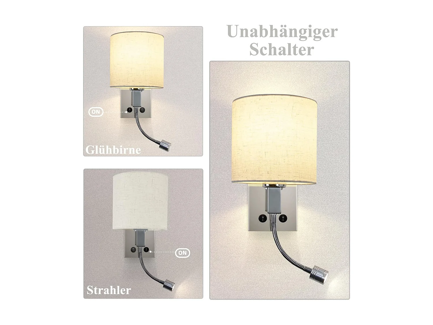 NETTLIFE Applique LED avec interrupteur, applique murale d'intérieur, lampe de lecture, abat-jour en tissu, lampe de lit orientable