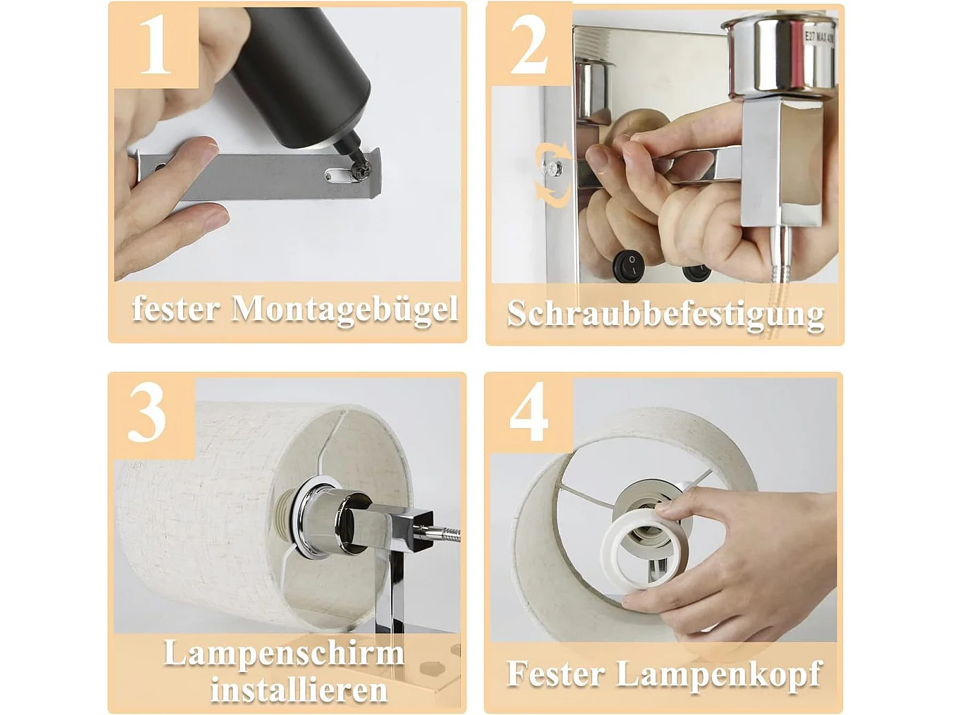 NETTLIFE Applique LED avec interrupteur, applique murale d'intérieur, lampe de lecture, abat-jour en tissu, lampe de lit orientable