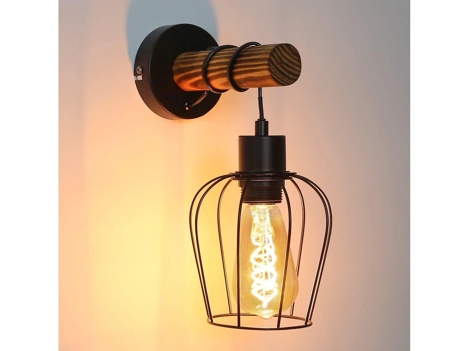 NETTLIFE Vintage Retro Holz Innen Wandleuchte mit Schalter Industrie Design E27 Schwarz Wandstrahler mit Metall