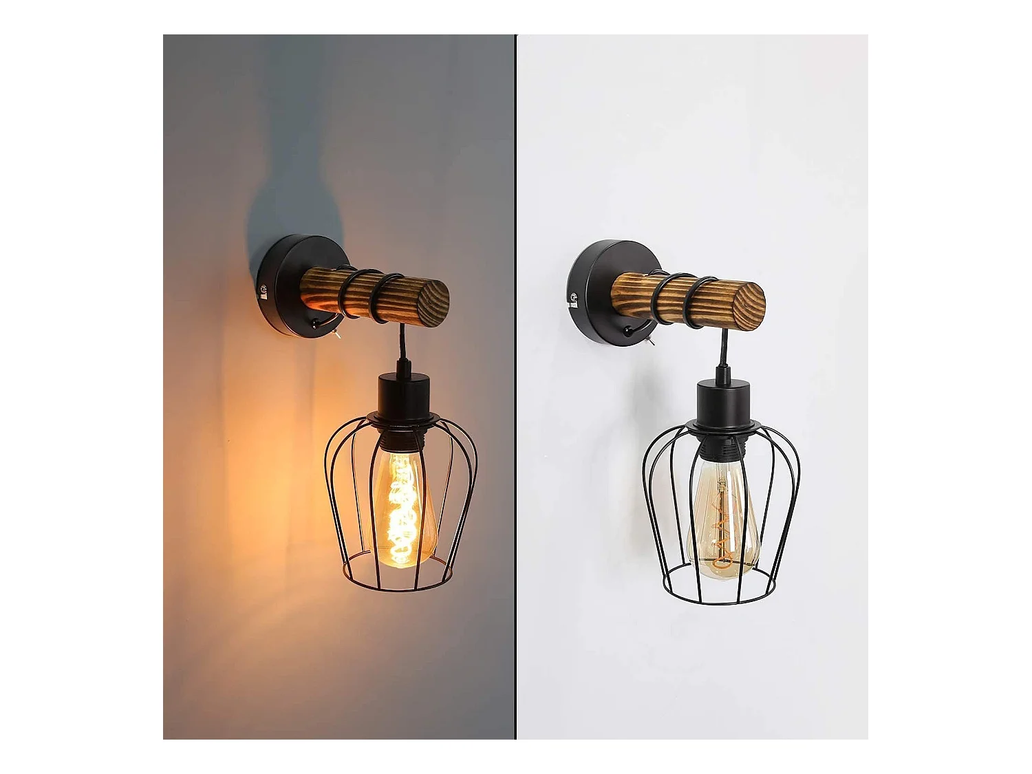 NETTLIFE Vintage Retro Holz Innen Wandleuchte mit Schalter Industrie Design E27 Schwarz Wandstrahler mit Metall