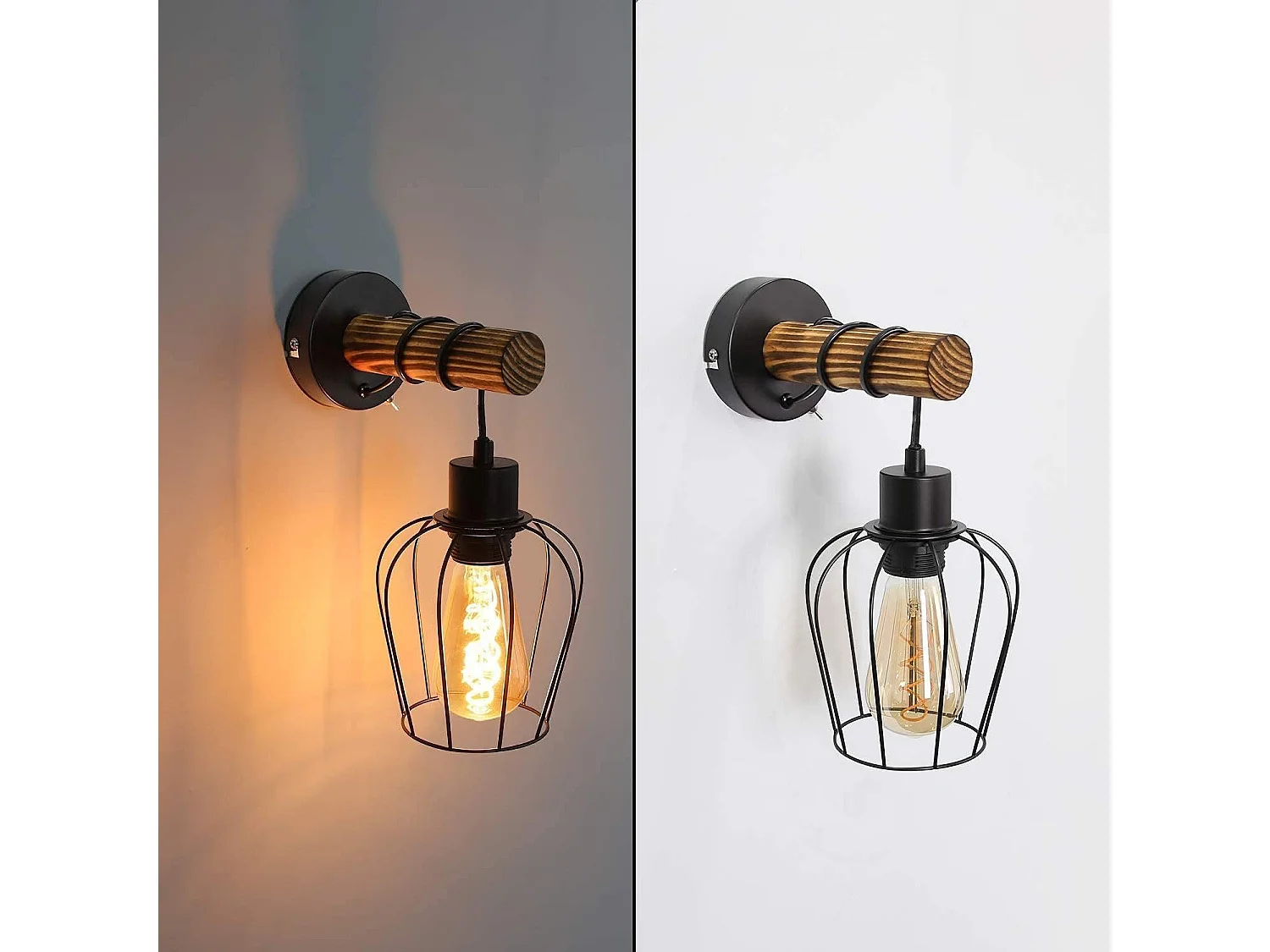 NETTLIFE Interieurwandbeplating hout vintage retro met industriële ontwerp schakelaar, zwarte E27 -wandspots met metaal.