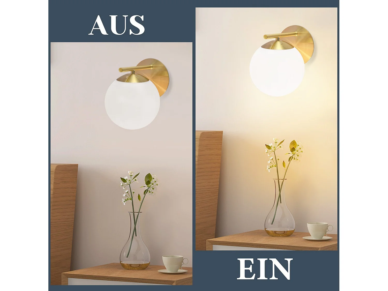 NETTLIFE Applique Murale Intérieur Chambre Couloir Lampe Boule de Verre Doré Vintage E27 Lampe de Chevet en Métal