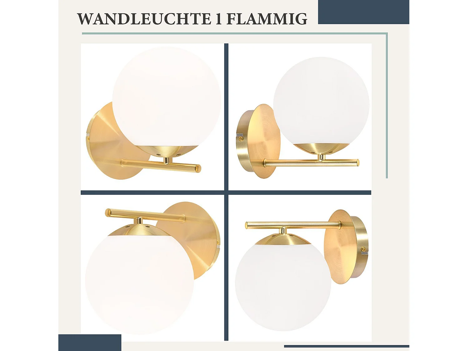 NETTLIFE Applique Murale Intérieur Chambre Couloir Lampe Boule de Verre Doré Vintage E27 Lampe de Chevet en Métal