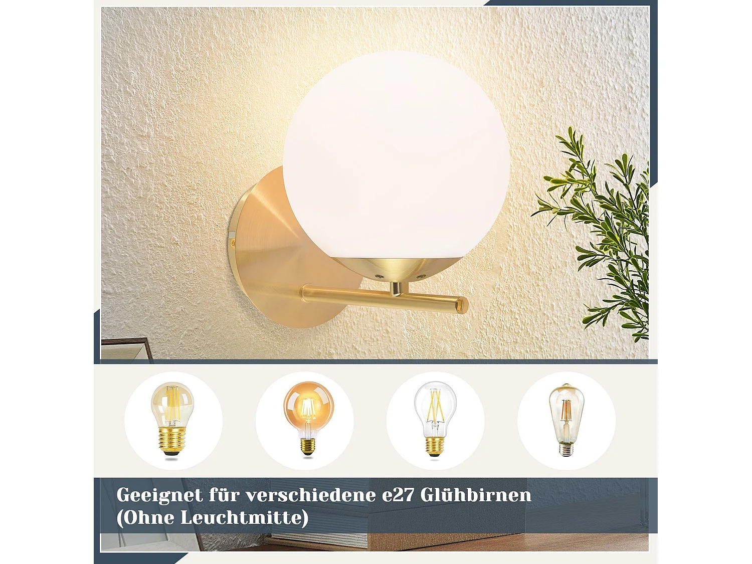 NETTLIFE Applique Murale Intérieur Chambre Couloir Lampe Boule de Verre Doré Vintage E27 Lampe de Chevet en Métal