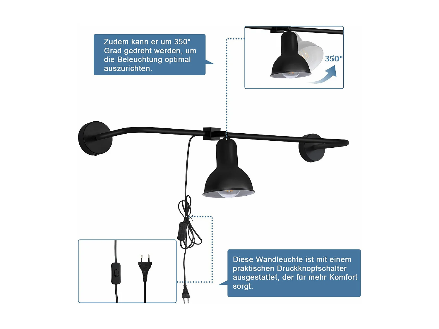 NETTLIFE, lámpara de pasillo vintage de metal con aplicación interna negra E27, lámpara de jaula de escalera de diseño indirecto giratoria.