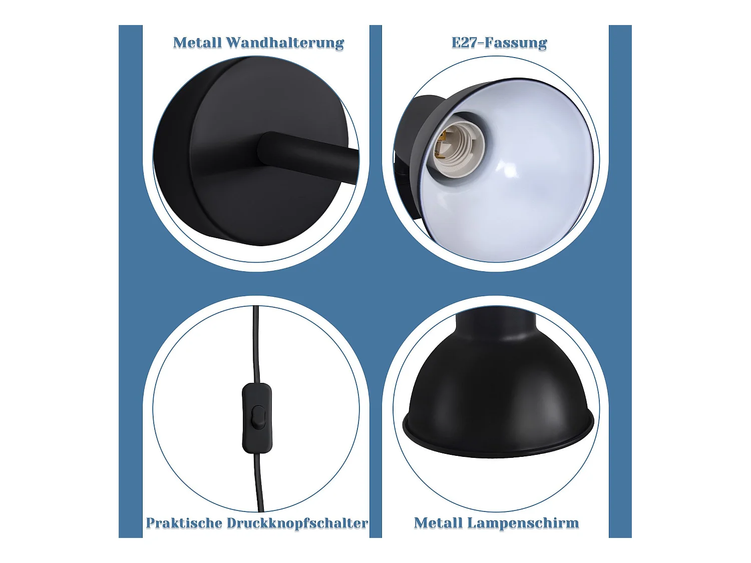 NETTLIFE applique intérieure noire E27 lampe de couloir vintage en métal lampe de cage d'escalier design pivotante indirecte avec