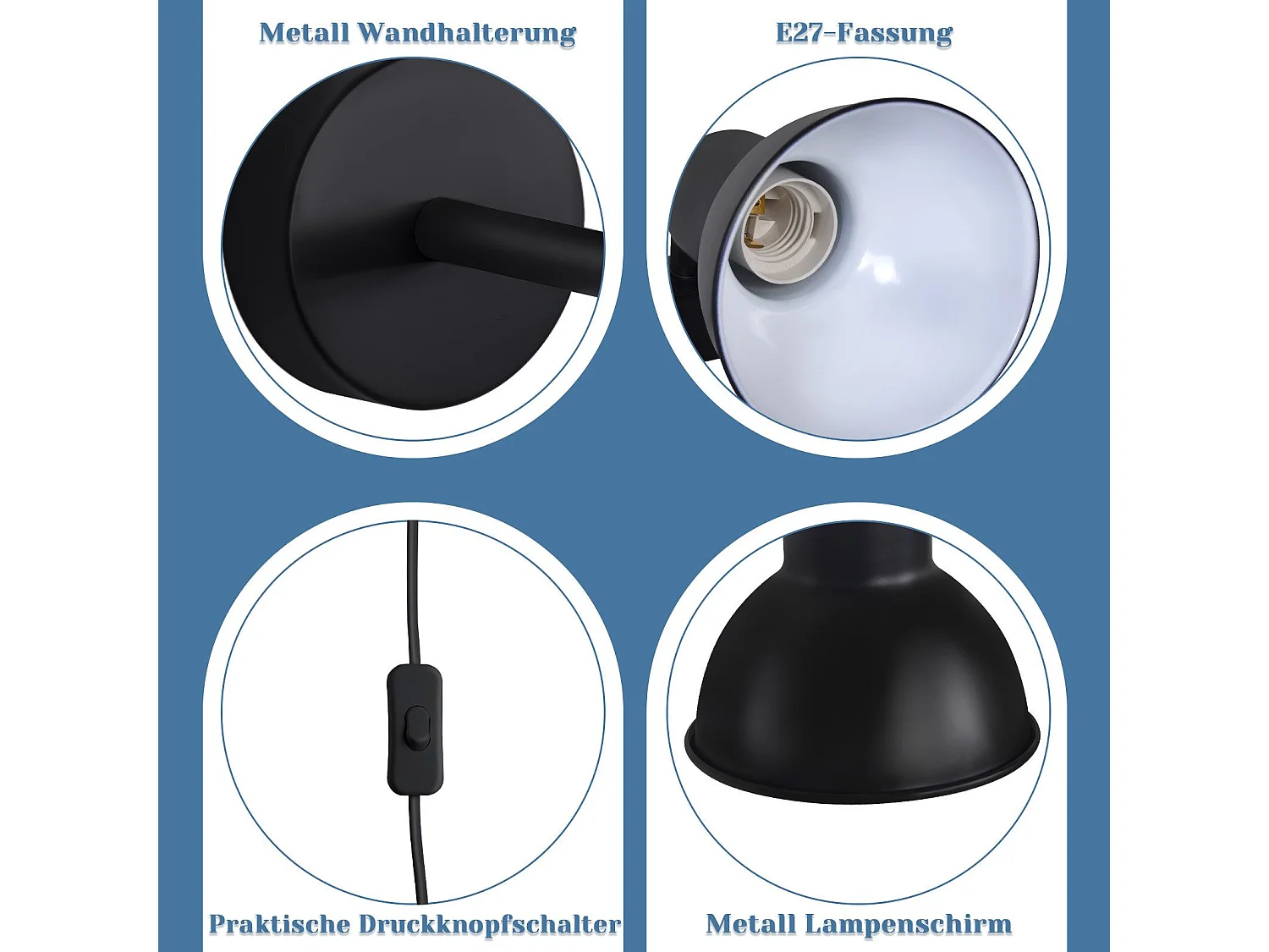 NETTLIFE applique intérieure noire E27 lampe de couloir vintage en métal lampe de cage d'escalier design pivotante indirecte avec