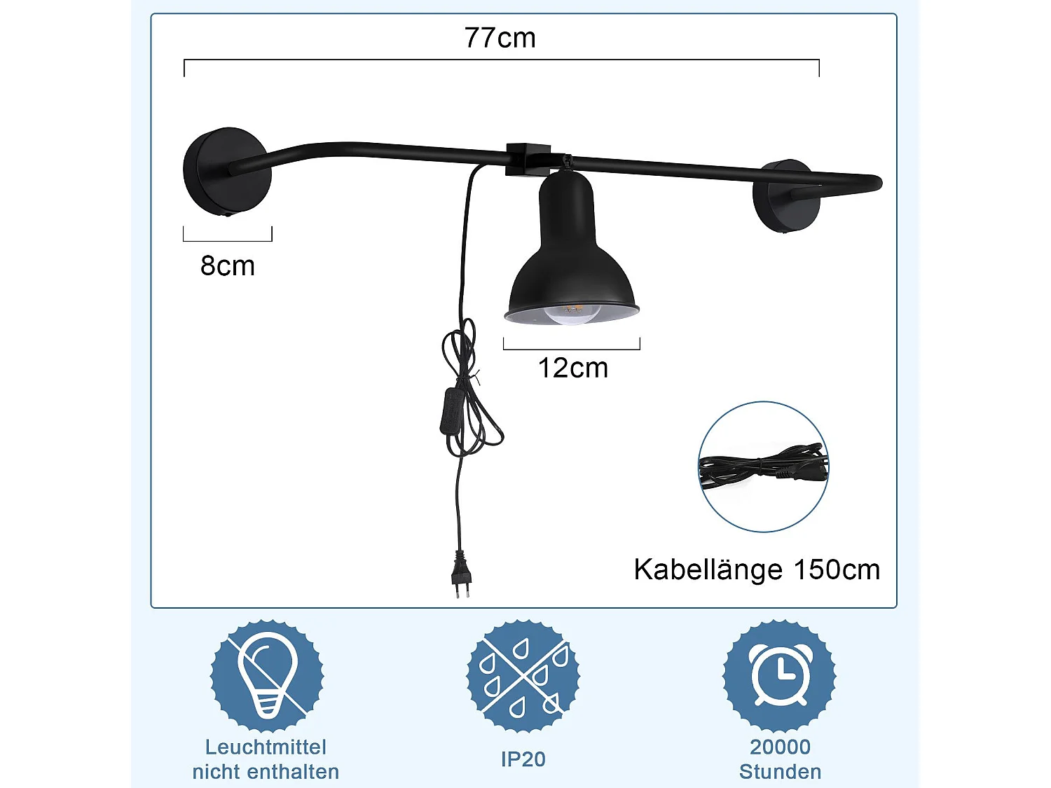 NETTLIFE applique intérieure noire E27 lampe de couloir vintage en métal lampe de cage d'escalier design pivotante indirecte avec