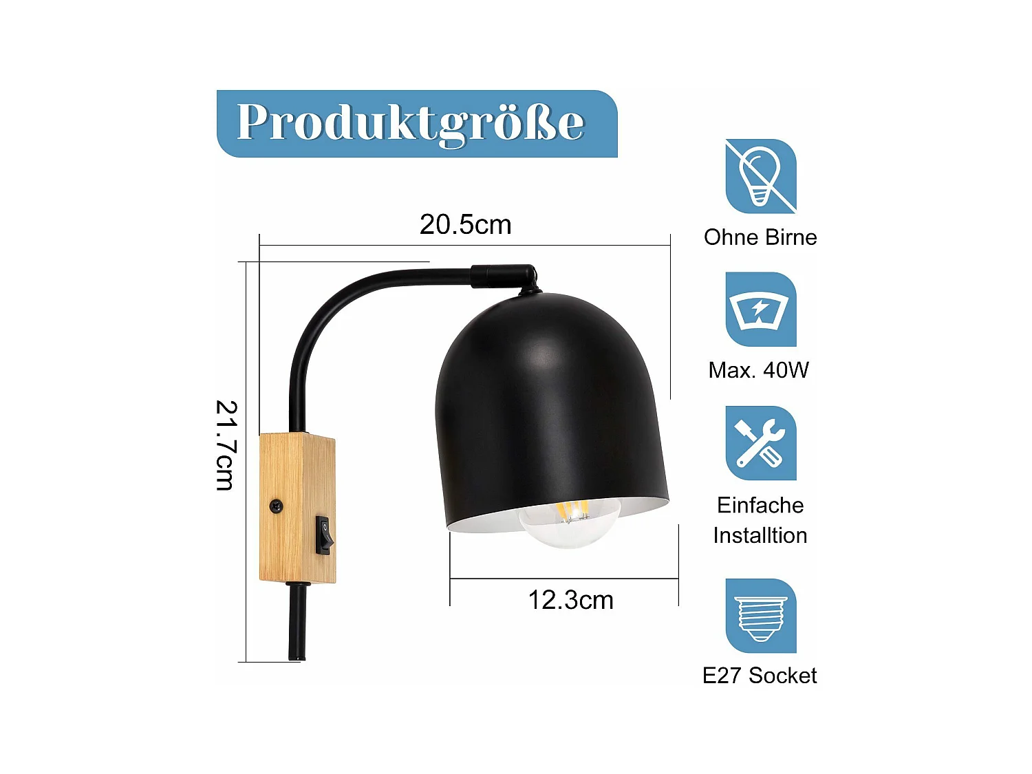 NETTLIFE spots muraux applique en bois avec interrupteur - applique E27 spot mural orientable métal noir lampe de couloir vintage intérieur