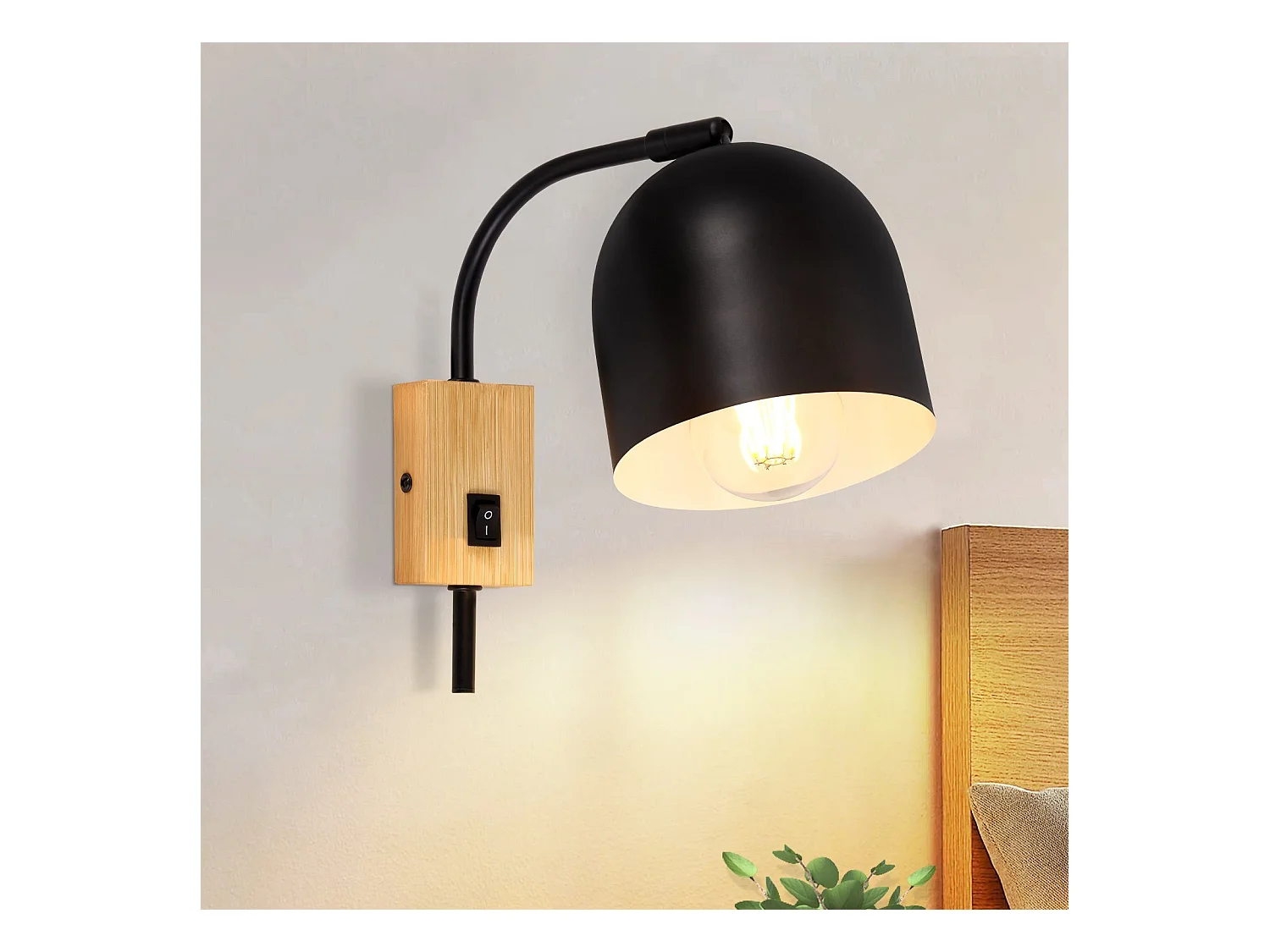 NETTLIFE spots muraux applique en bois avec interrupteur - applique E27 spot mural orientable métal noir lampe de couloir vintage intérieur