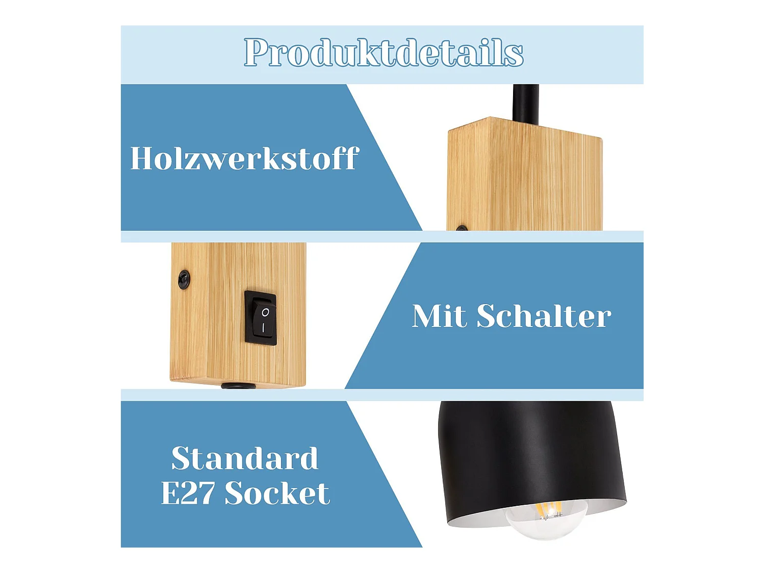 NETTLIFE spots muraux applique en bois avec interrupteur - applique E27 spot mural orientable métal noir lampe de couloir vintage intérieur