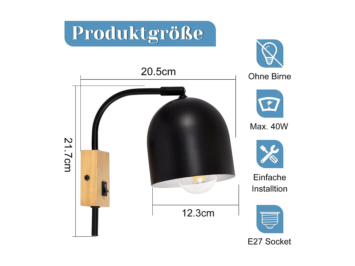 NETTLIFE spots muraux applique en bois avec interrupteur - applique E27 spot mural orientable métal noir lampe de couloir vintage intérieur