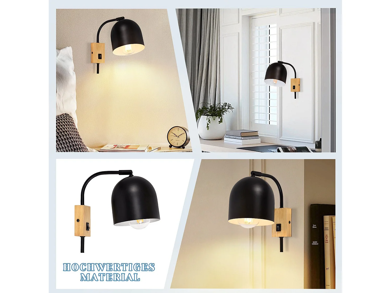 NETTLIFE spots muraux applique en bois avec interrupteur - applique E27 spot mural orientable métal noir lampe de couloir vintage intérieur