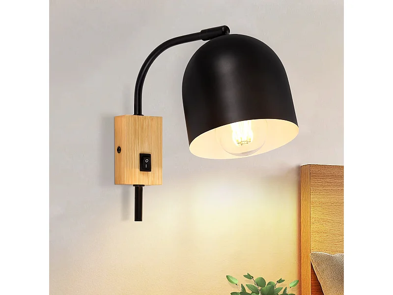 NETTLIFE Apliques de Pared Aplique de Madera con Interruptor - Aplique E27 Foco de Pared Giratorio Lámpara de Pasillo Vintage de Metal Negro Interior