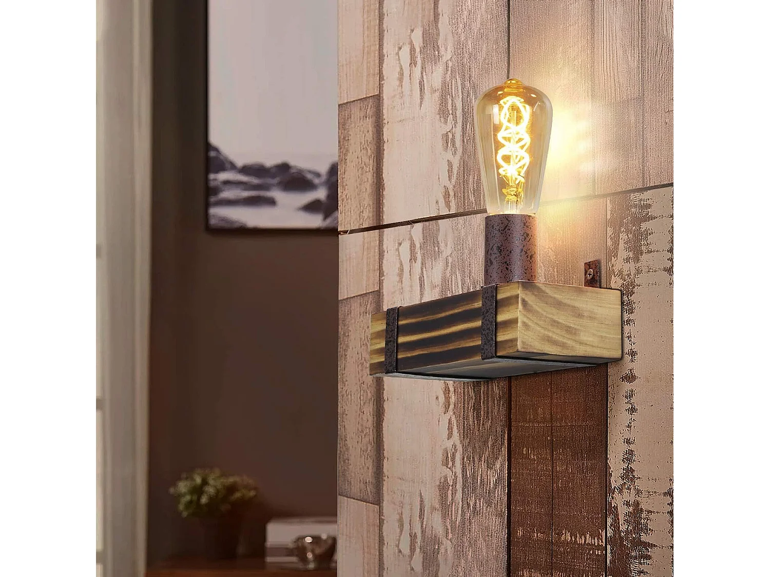 NETTLIFE wandlamp vintage E27, retro wandspot in hout van 23 cm, industrieel ontwerp, met stopcontact, maximaal 40 watt, voor gangen en salons.