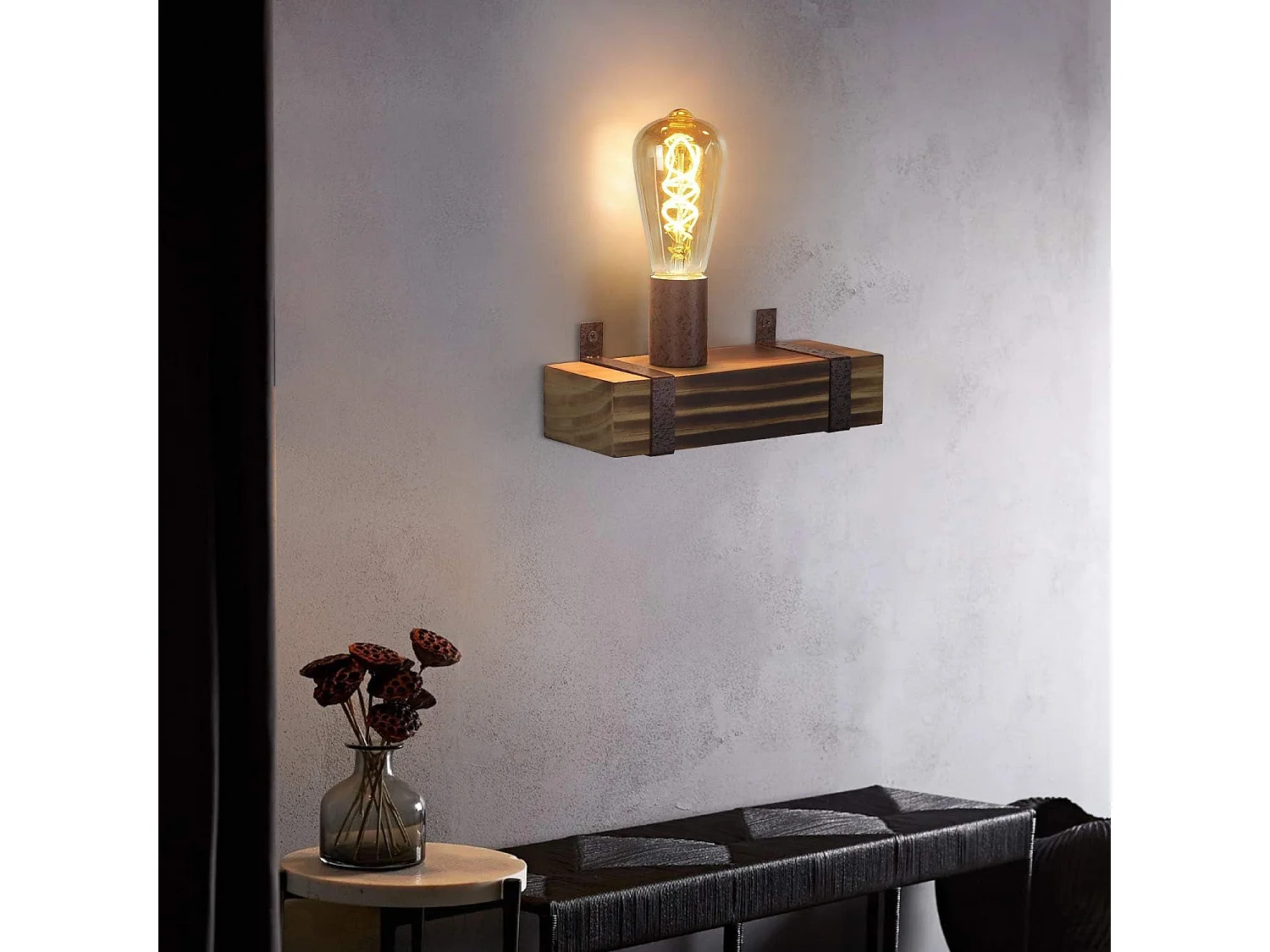 NETTLIFE wandlamp vintage E27, retro wandspot in hout van 23 cm, industrieel ontwerp, met stopcontact, maximaal 40 watt, voor gangen en salons.