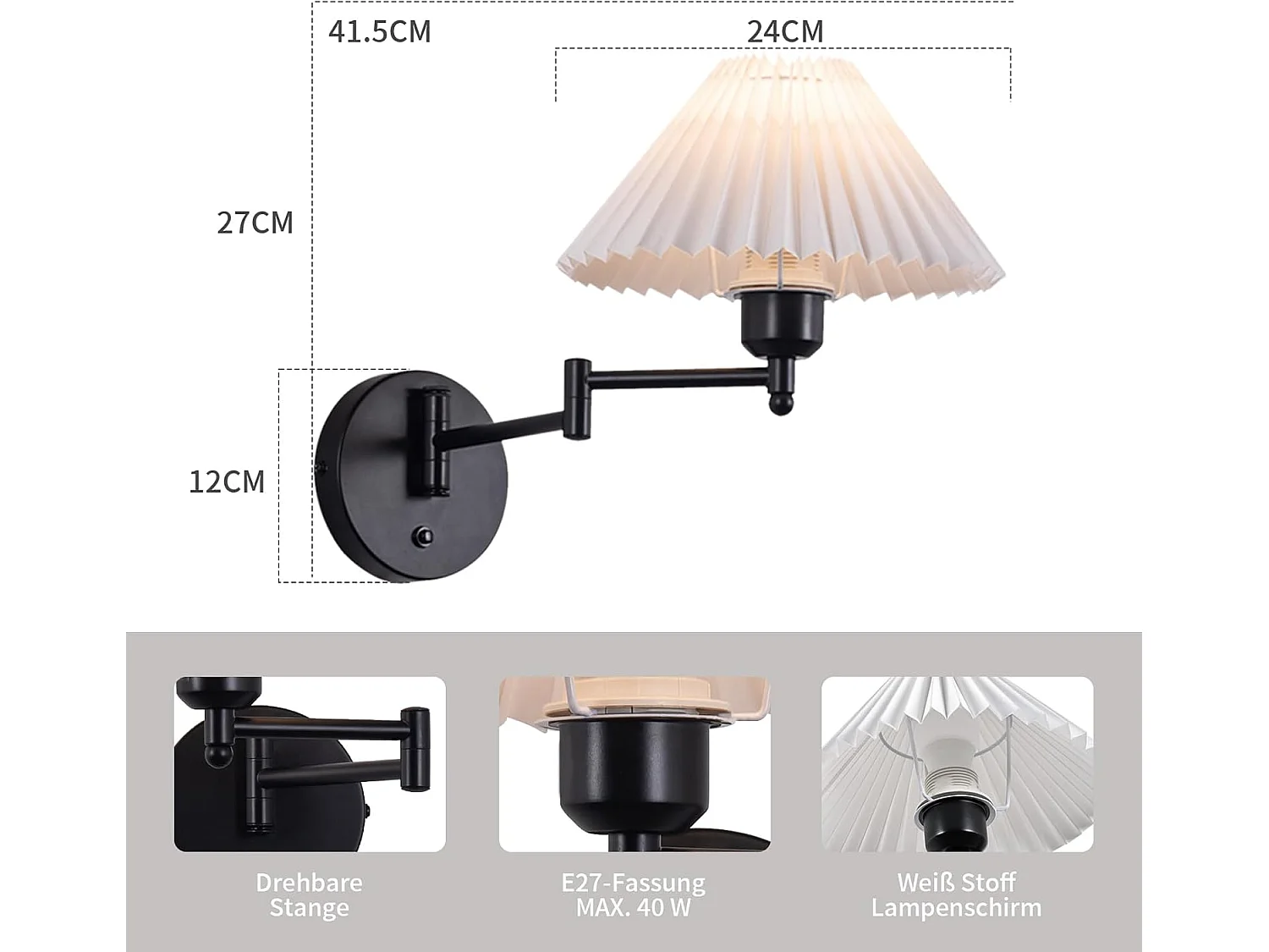 Applique Murale D'intérieur Vintage E27 Abat-jour Rétro Éclairage Mural Orientable 40w.max Blanc