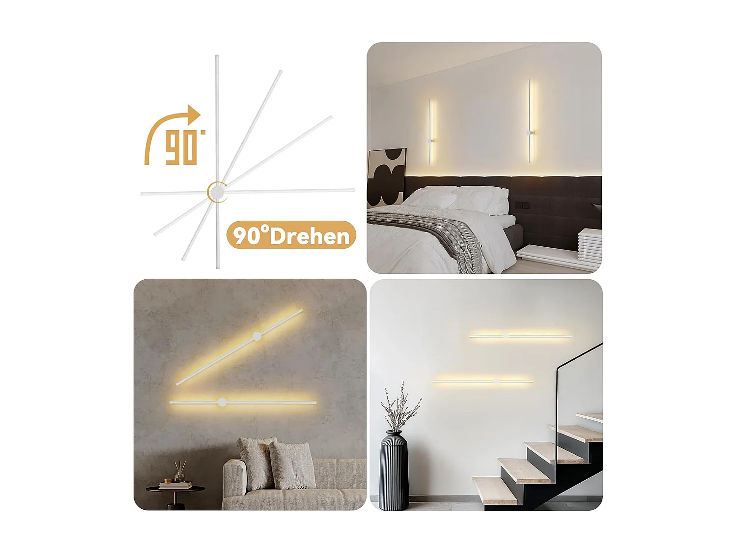 NETTLIFE Applique Murale Intérieur Applique LED 60CM Blanc Design Moderne Lampe Escalier Blanc Chaud 3000K Pivotante