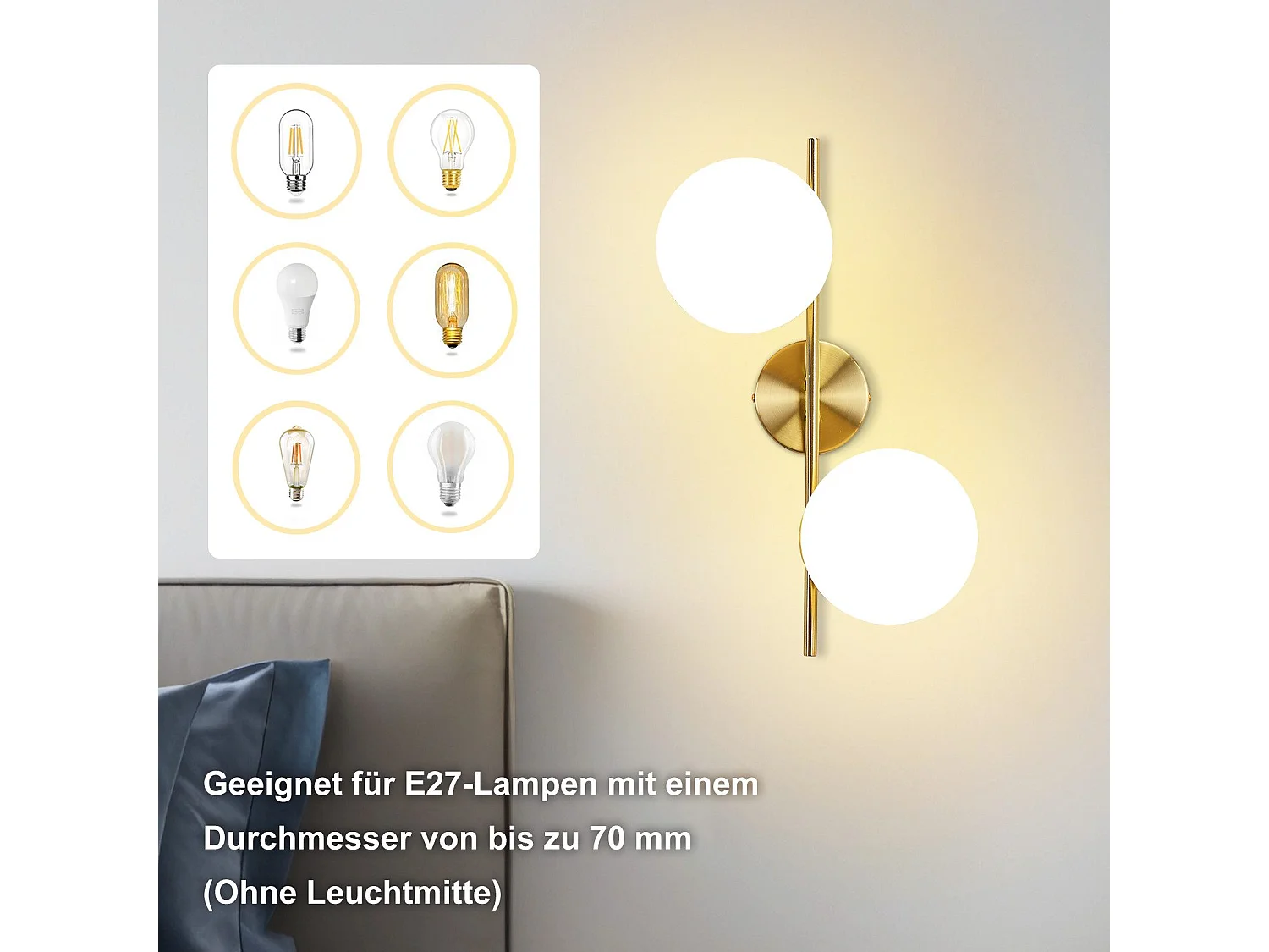 NETTLIFE Goudkleurige binnenwandapparatuur - E27, wandverlichting, 2 lampen (lichtbron niet inbegrepen)